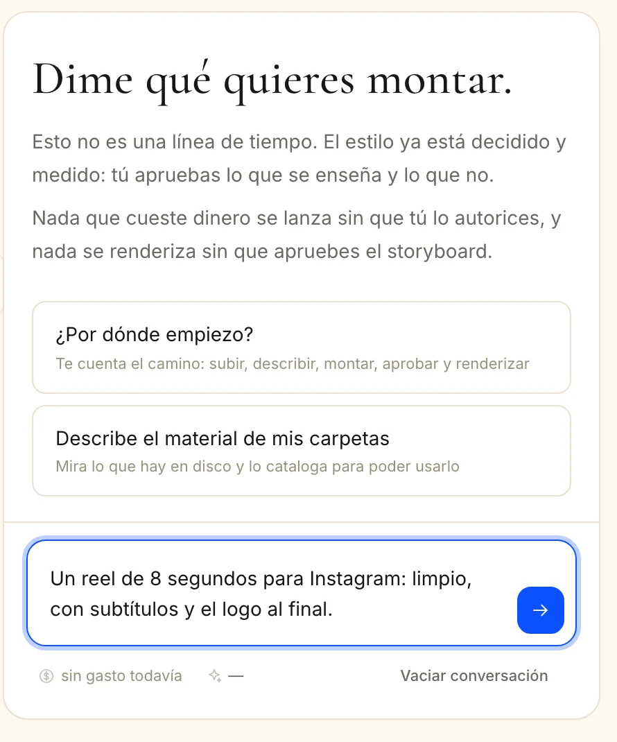 El chat de Sotai Lab Editor con un pedido escrito: un reel de 8 segundos para Instagram, limpio, con subtítulos y el logo al final