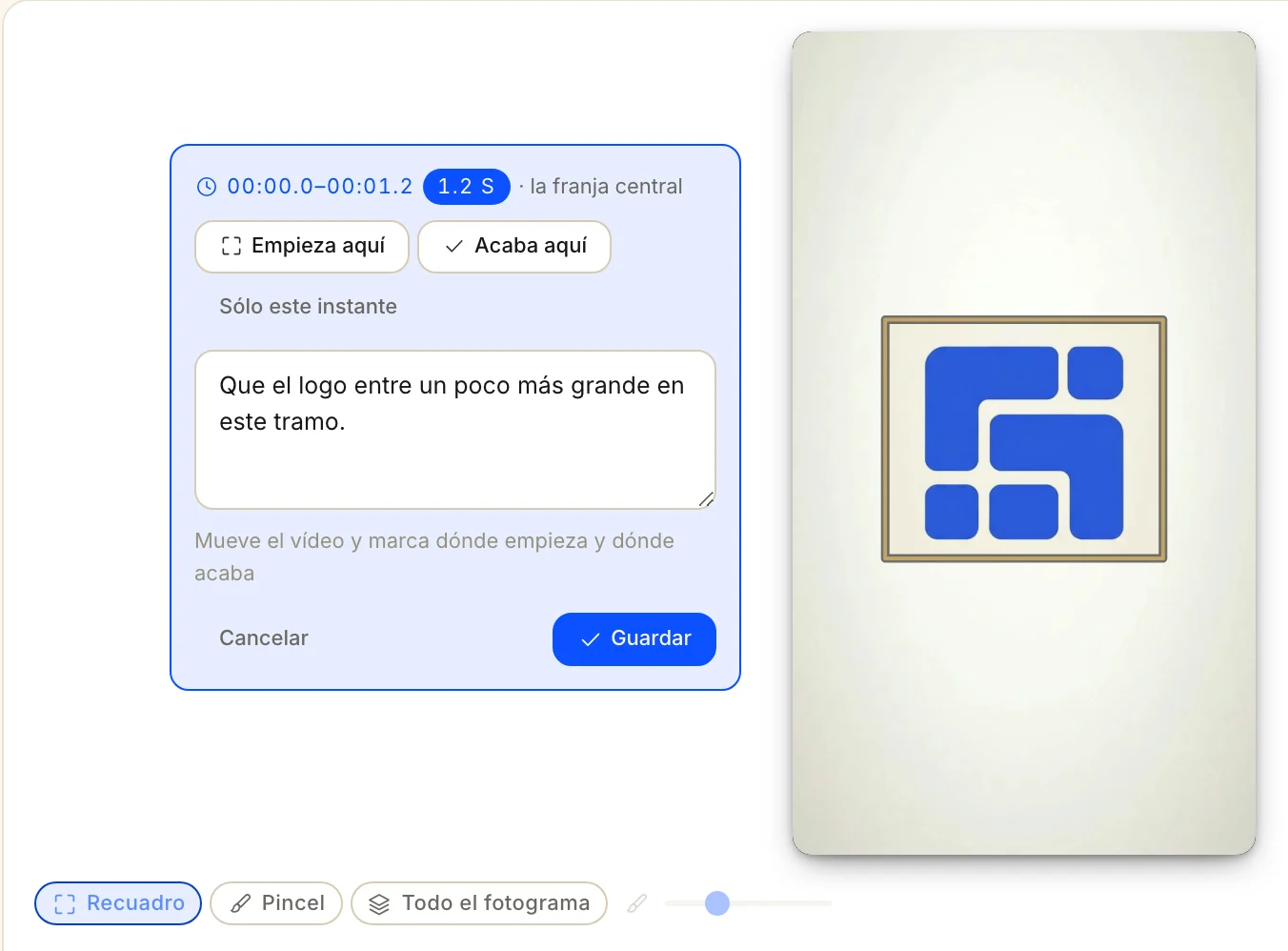 La revisión: un recuadro dibujado sobre el cuadro y el comentario con el tramo exacto