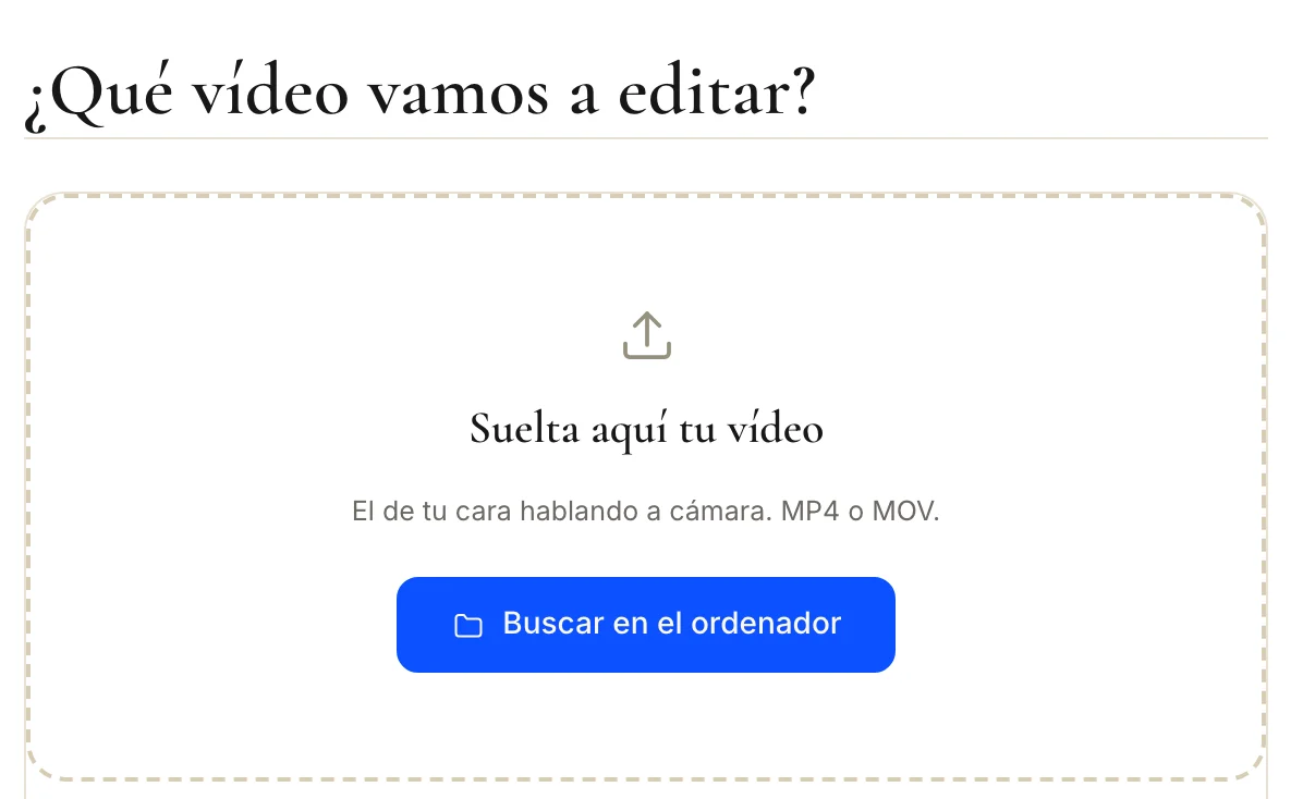 La pantalla para subir el video: suelta aquí tu video o búscalo en tu computadora