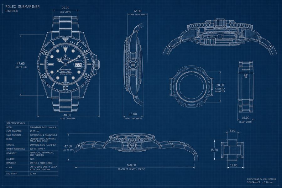 El mismo reloj como plano técnico azul, con sus medidas