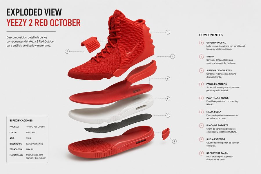 El mismo tenis en un exploded view técnico, con cada pieza señalada