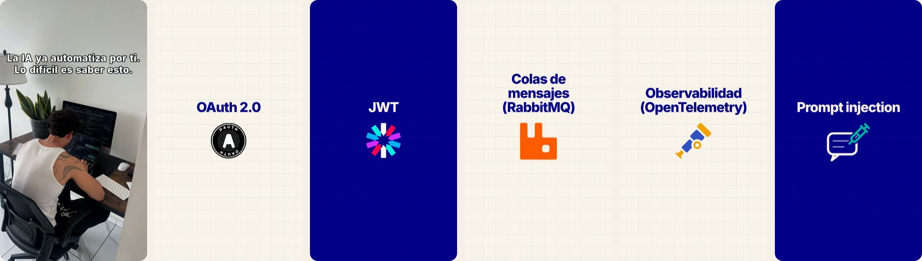 Fotogramas del reel: el gancho sobre el timelapse y cinco de las 21 tarjetas de conceptos