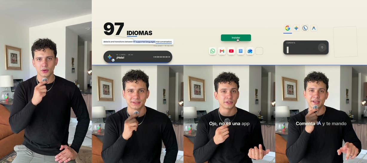 Cuatro cuadros del reel: los 97 idiomas, agendar en segundo plano, la honestidad de armarlo en Antigravity y el llamado a la acción