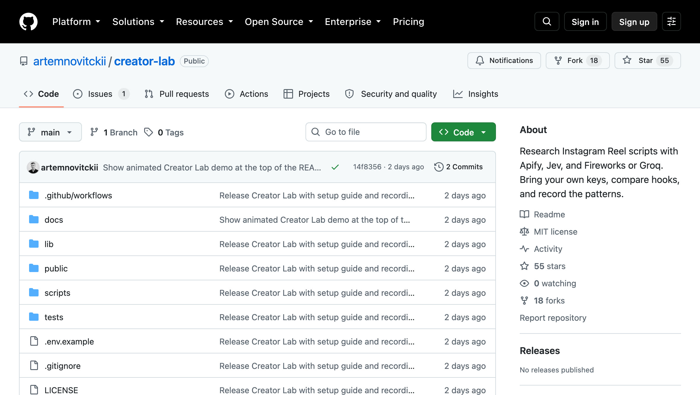 Repositorio artemnovitckii/creator-lab en GitHub: público, licencia MIT, botón verde Code