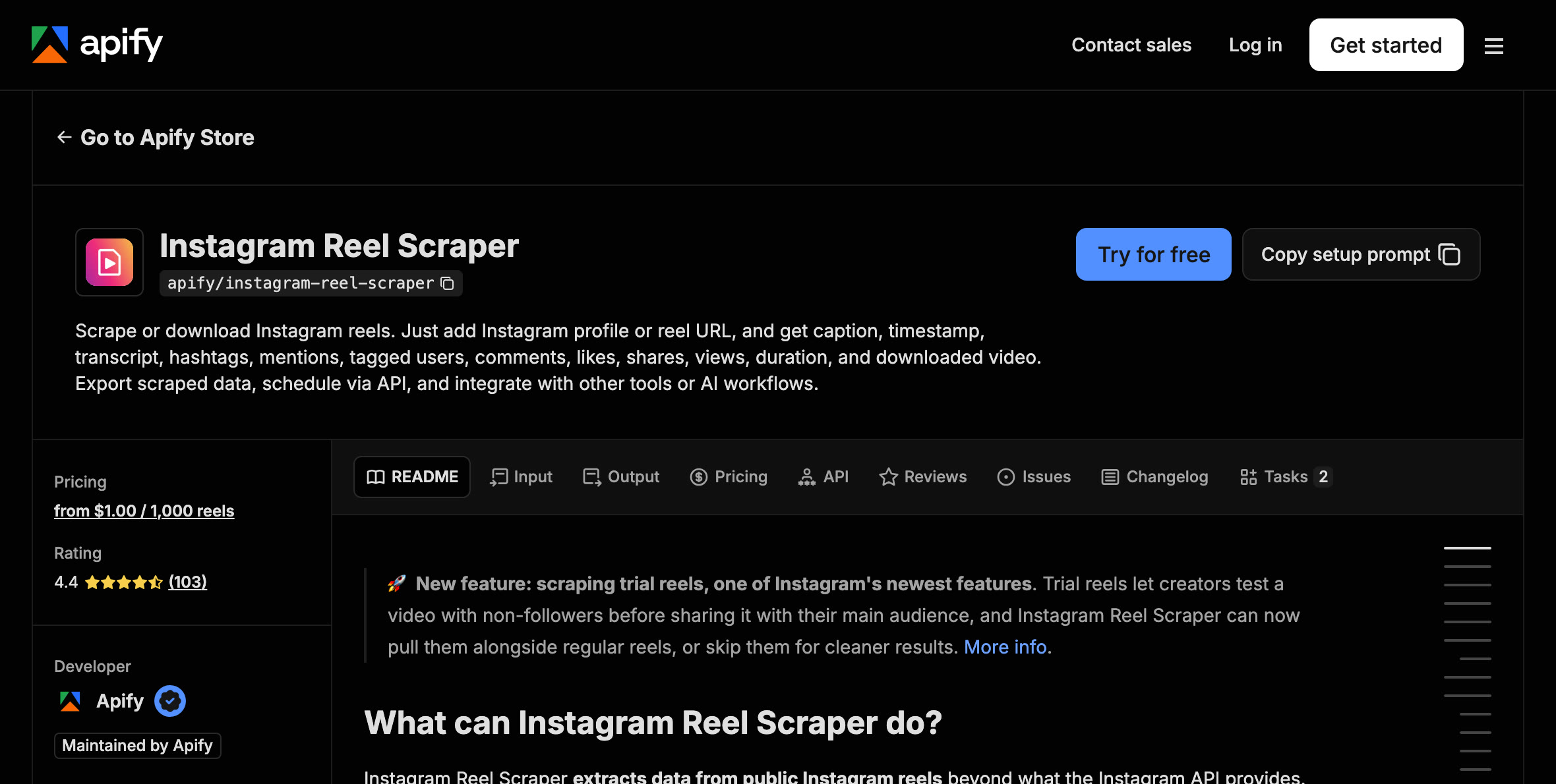 Página de Instagram Reel Scraper en Apify: desde 1 dólar por cada 1,000 reels, calificación 4.4
