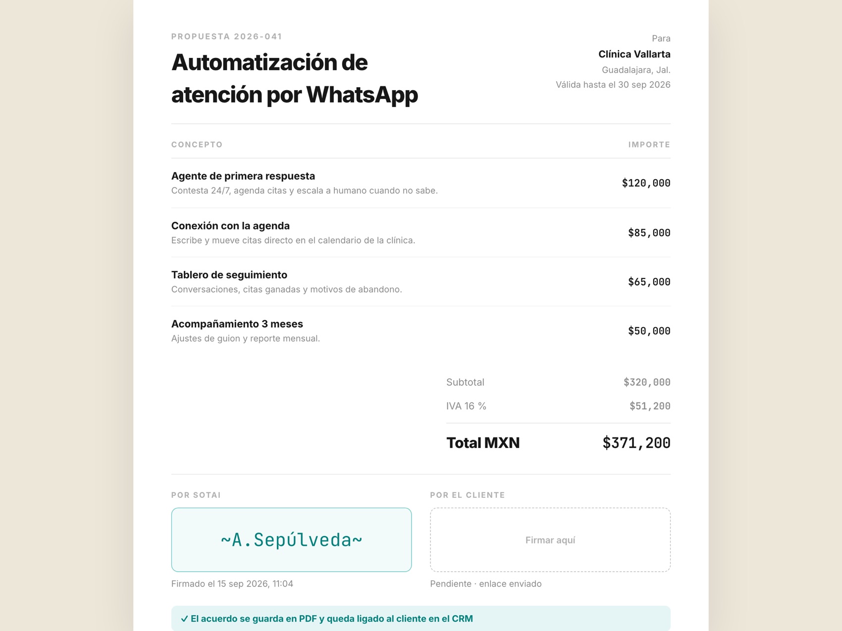 Hoja de propuesta con partidas, total y dos cajas de firma