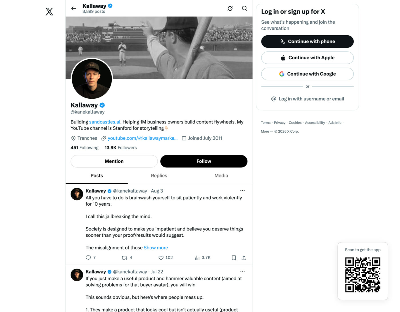 El perfil de Kane Kallaway en X; su bio dice building sandcastles.ai