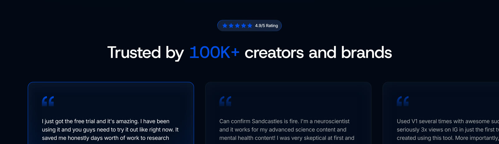 Trusted by 100K+ creators and brands — sección del sitio de Sandcastles