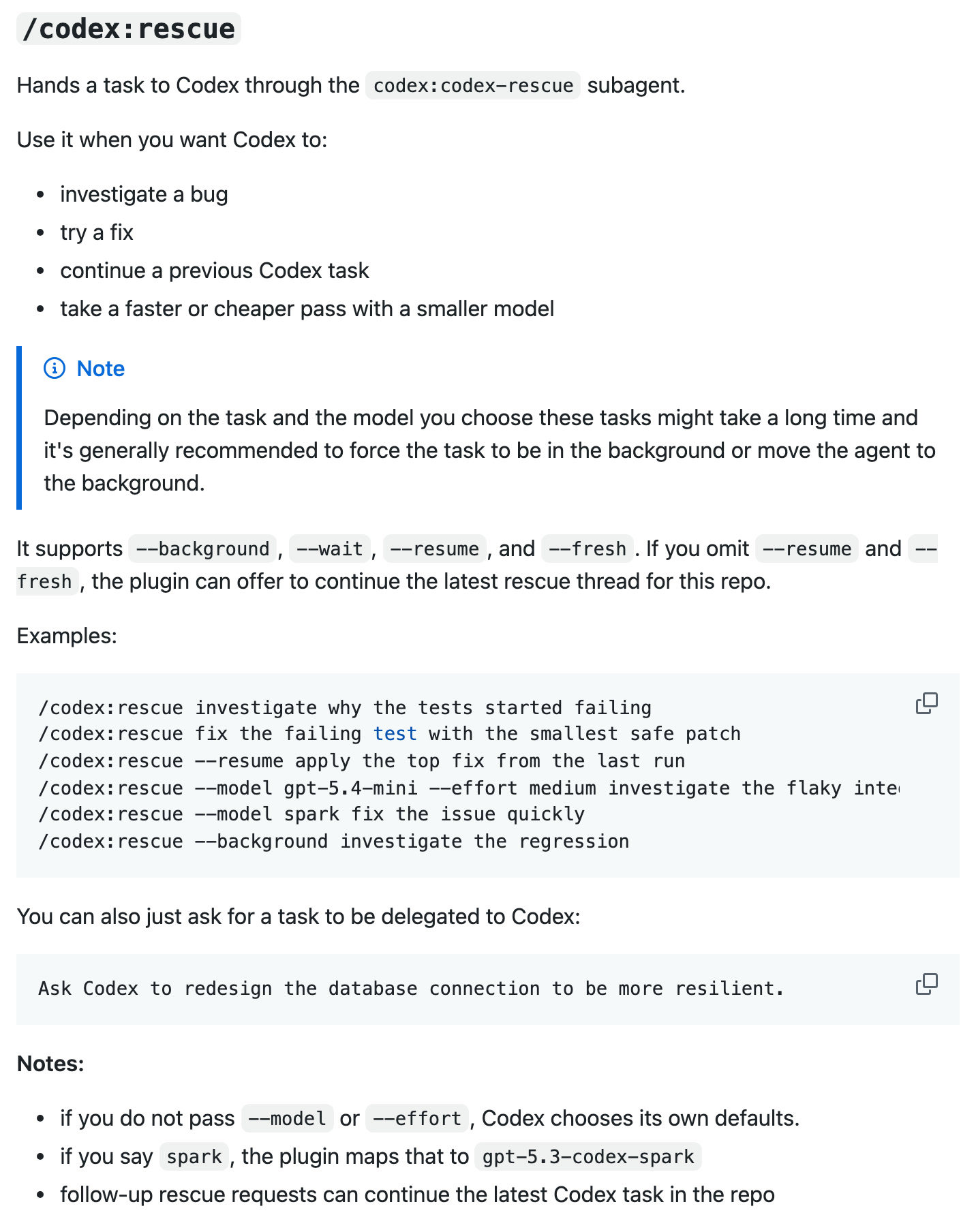 Sección /codex:rescue del README: Hands a task to Codex through the codex:codex-rescue subagent, los flags que soporta, los ejemplos y las notas