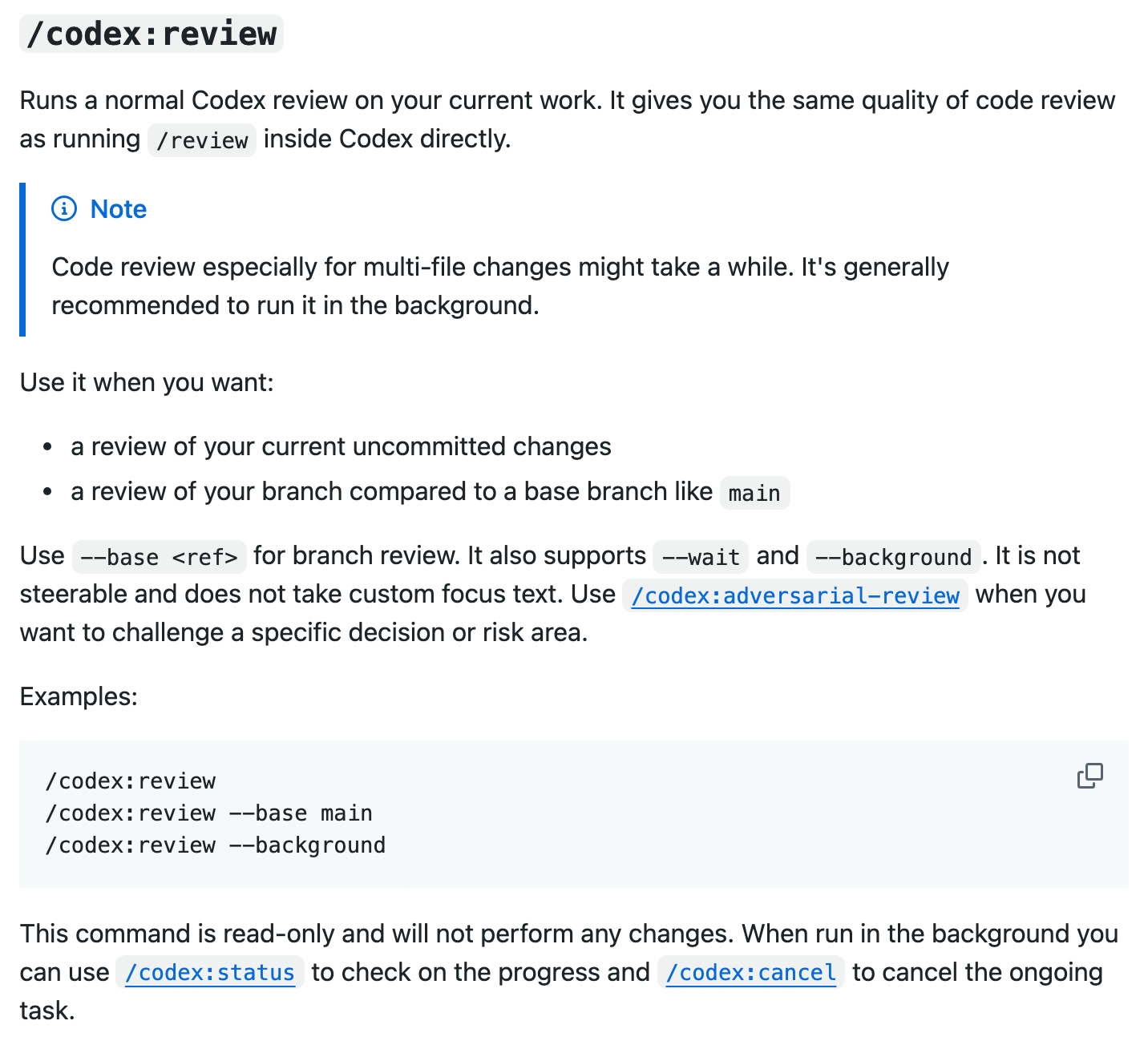 Sección /codex:review del README: Runs a normal Codex review on your current work, con la nota de correrla en segundo plano, los ejemplos y la frase This command is read-only