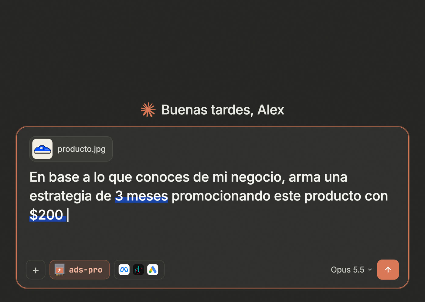 Chat de Claude con la skill ads-pro activa, la foto del producto adjunta y el prompt de la estrategia de 3 meses con 200 al día