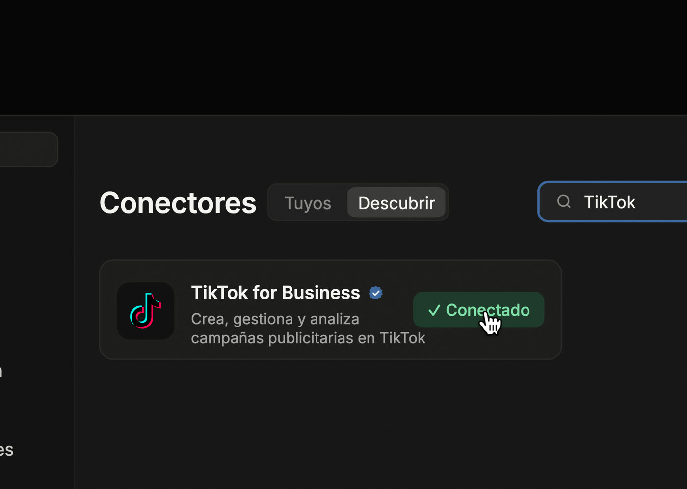 Pestaña Descubrir de los conectores de Claude con la búsqueda TikTok y la tarjeta TikTok for Business ya conectada