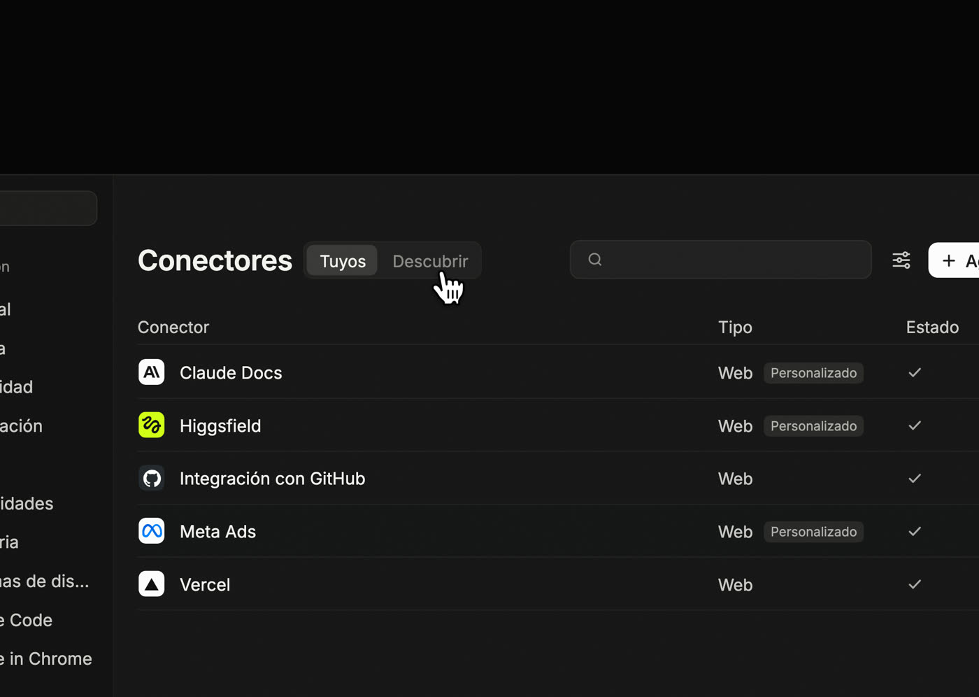 Lista de conectores de Claude con Meta Ads agregado como conector personalizado