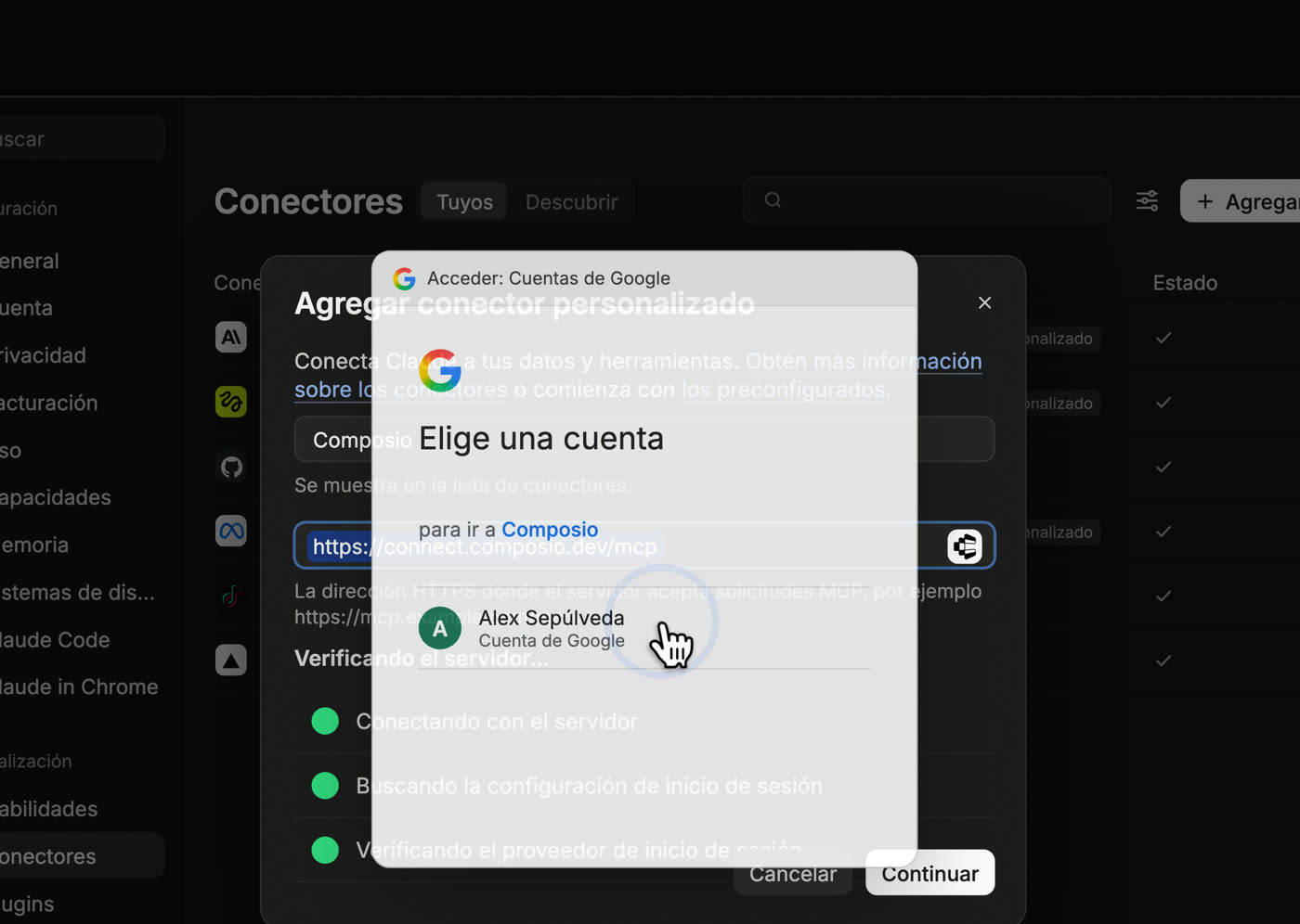 Ventana de Google Elige una cuenta para ir a Composio, sobre el diálogo de conectores de Claude