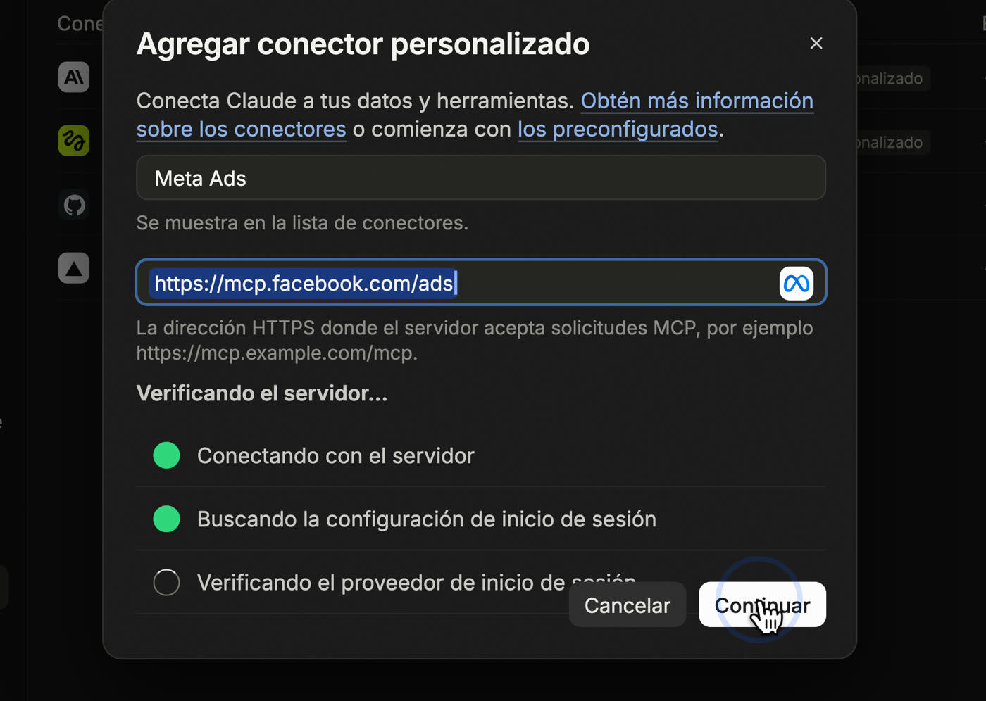 Diálogo Agregar conector personalizado con el nombre Meta Ads y la dirección https://mcp.facebook.com/ads, verificando el servidor