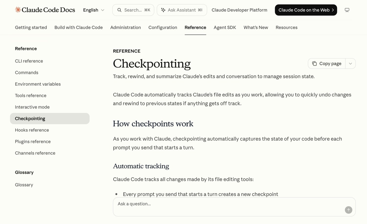Página oficial de documentación sobre Checkpointing en Claude Code