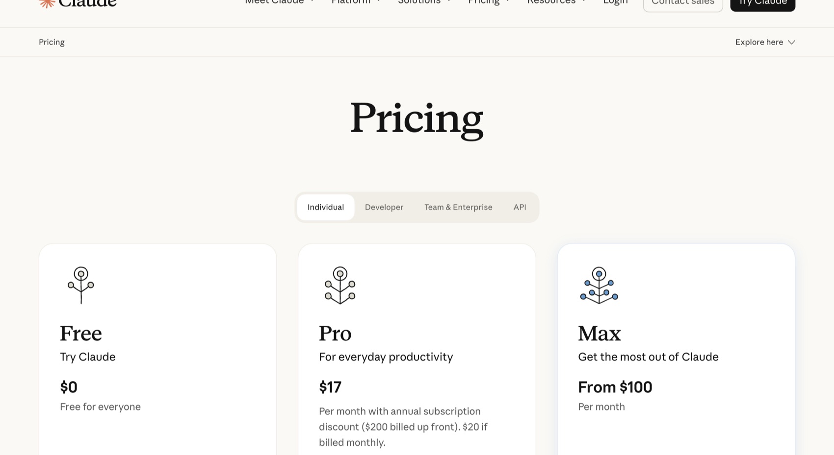 Página de precios de Claude: Free 0 dólares, Pro 17 dólares, Max desde 100 dólares