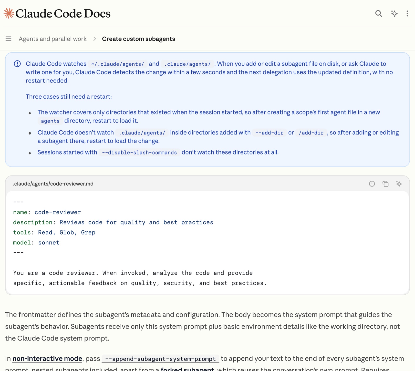 Ejemplo oficial de un archivo de subagente con name, description, tools y model