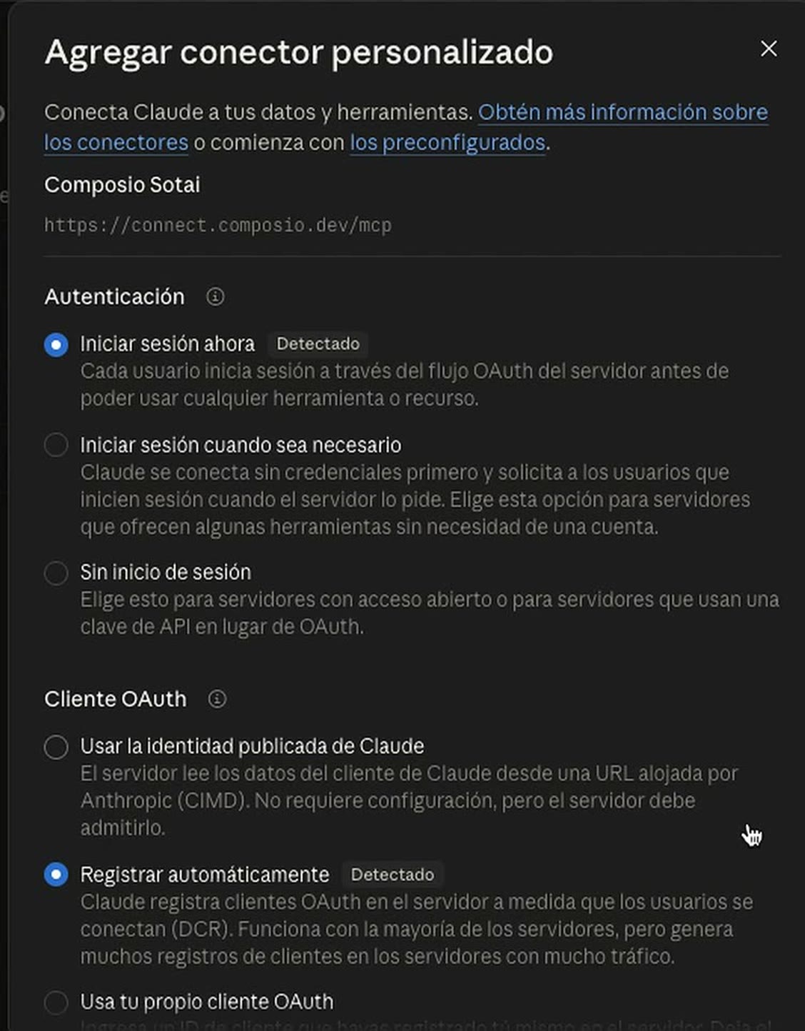 Segunda pantalla del diálogo: Autenticación con Iniciar sesión ahora marcado y Cliente OAuth con Registrar automáticamente marcado