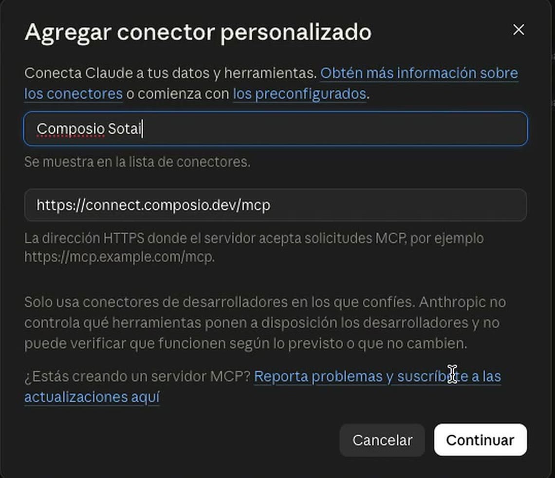 Diálogo Agregar conector personalizado con el nombre Composio Sotai y la dirección https://connect.composio.dev/mcp