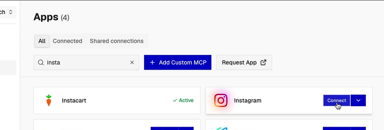 Panel de Composio, sección Connect Apps, con la búsqueda insta y el botón Connect de Instagram