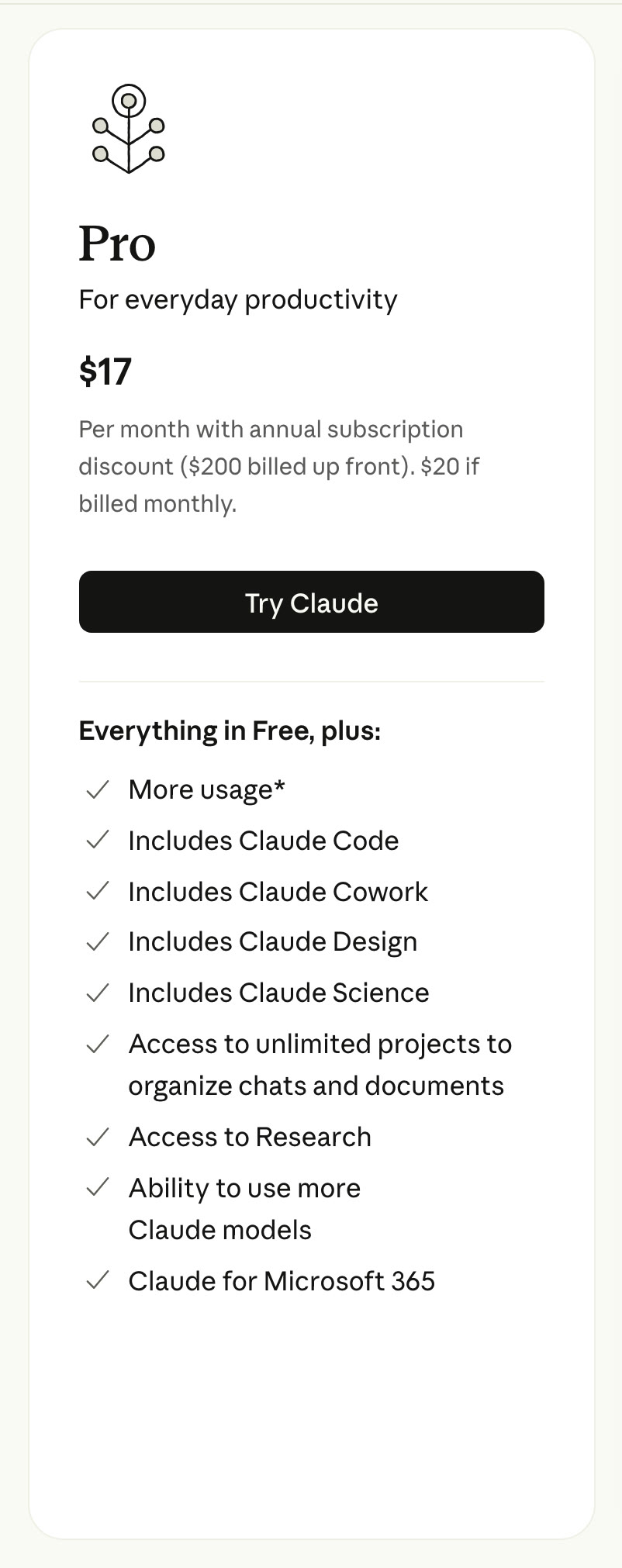 Plan Pro de Claude a 17 dólares al mes