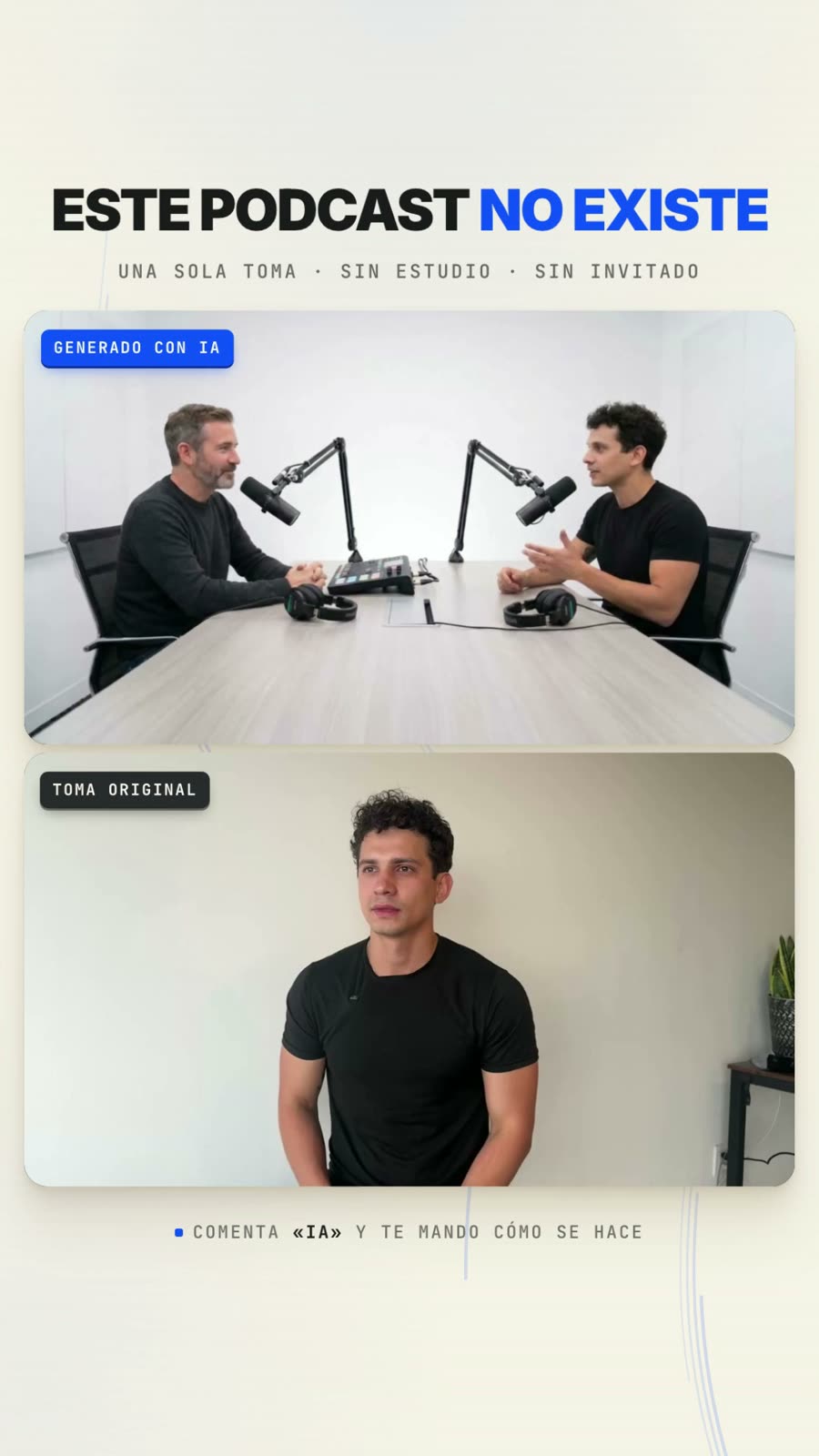 El reel montado: arriba el podcast generado, abajo la toma original