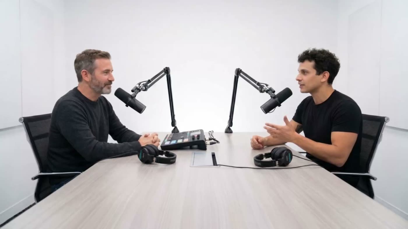 Plano general generado: dos personas en un estudio de podcast blanco