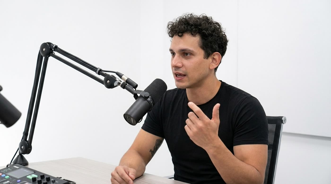 Primer plano del anfitrión en el estudio blanco
