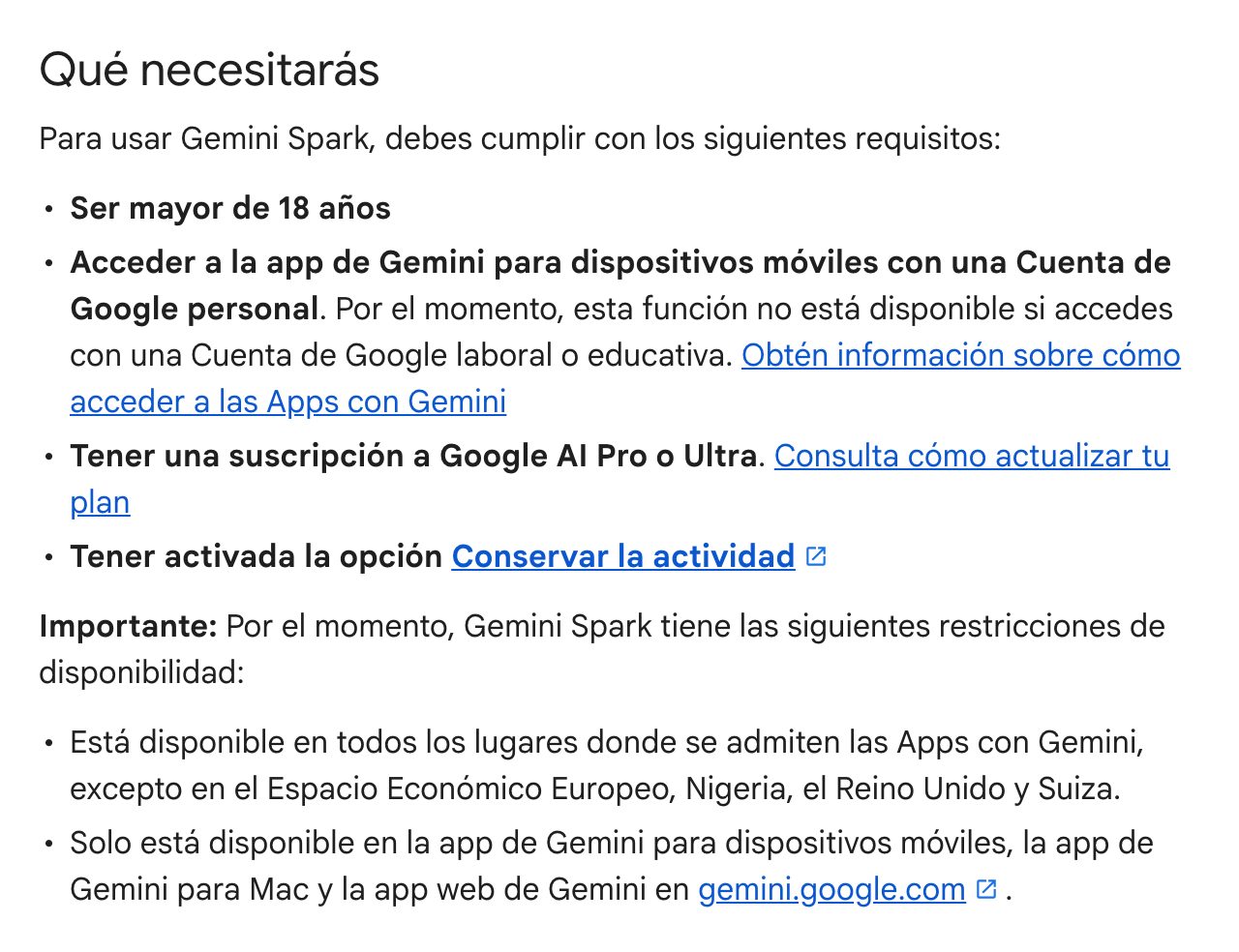 Requisitos oficiales de Gemini Spark en la Ayuda de Google