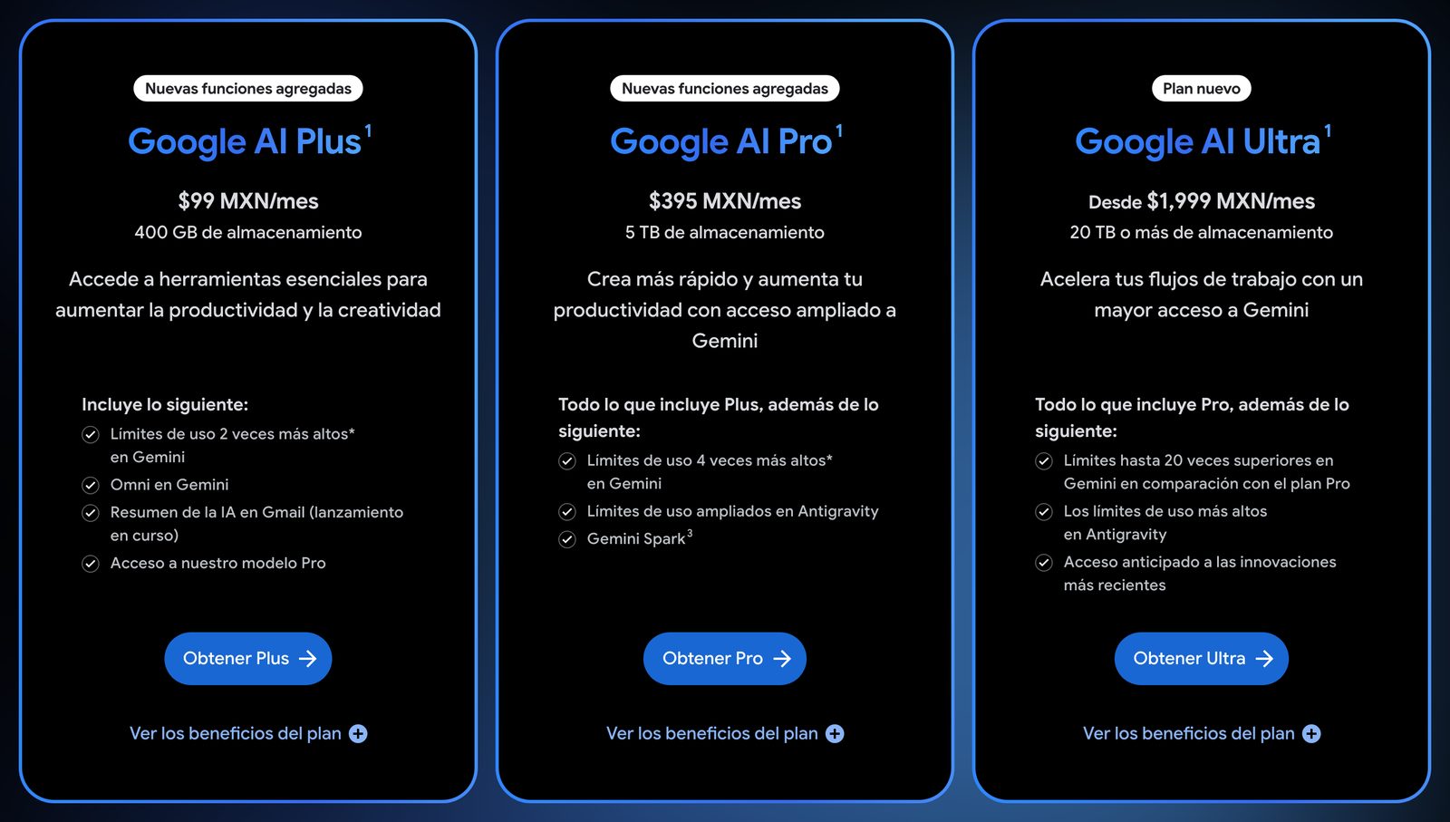 Los tres planes de Google AI con precios en pesos mexicanos