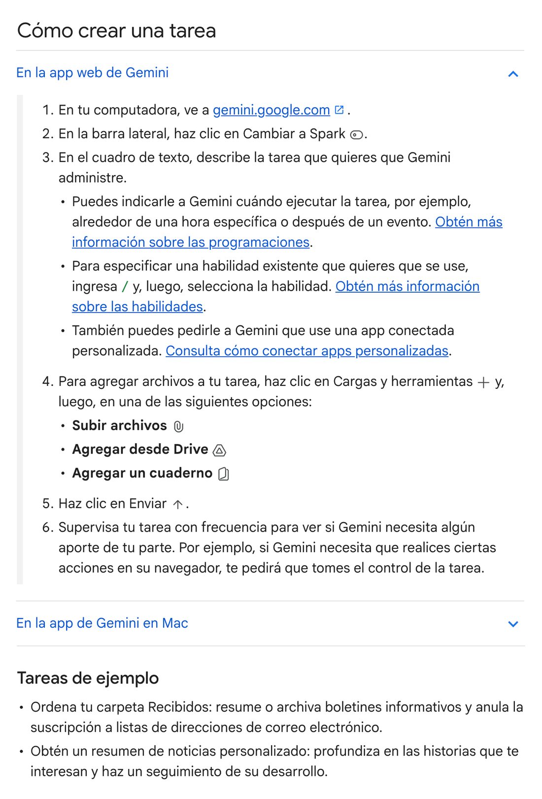 Pasos oficiales para crear una tarea en Gemini Spark