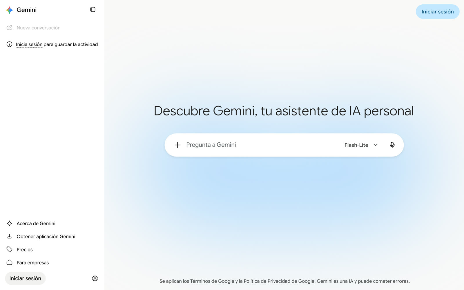 Gemini sin sesión, con el botón Iniciar sesión