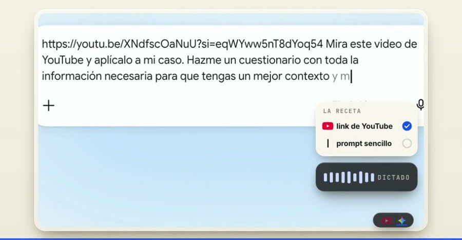 La caja de Gemini con un link de YouTube pegado y el prompt escribiéndose
