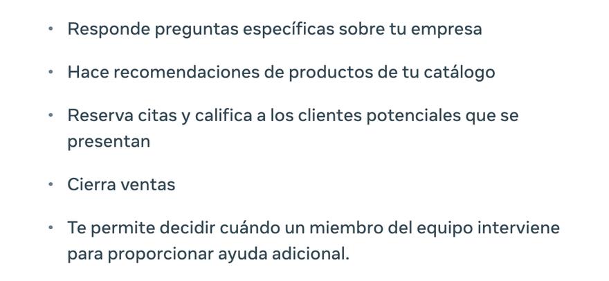 La lista oficial de capacidades del agente comercial de Meta, en español