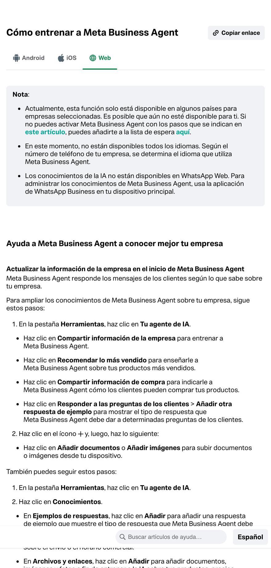 Artículo oficial Cómo entrenar a Meta Business Agent, con los pasos de Conocimientos, Ejemplos de respuestas y Archivos y enlaces
