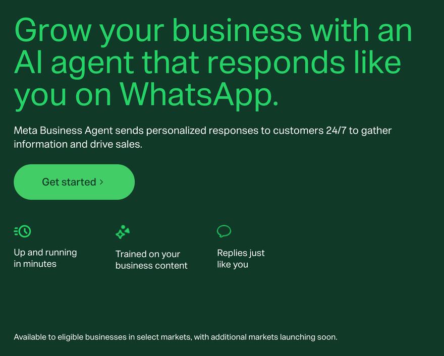 Página oficial de Meta Business Agent: Grow your business with an AI agent that responds like you on WhatsApp