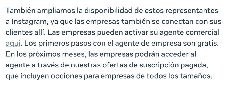Párrafo del anuncio oficial de Meta en español: los primeros pasos son gratis; en los próximos meses, suscripción pagada
