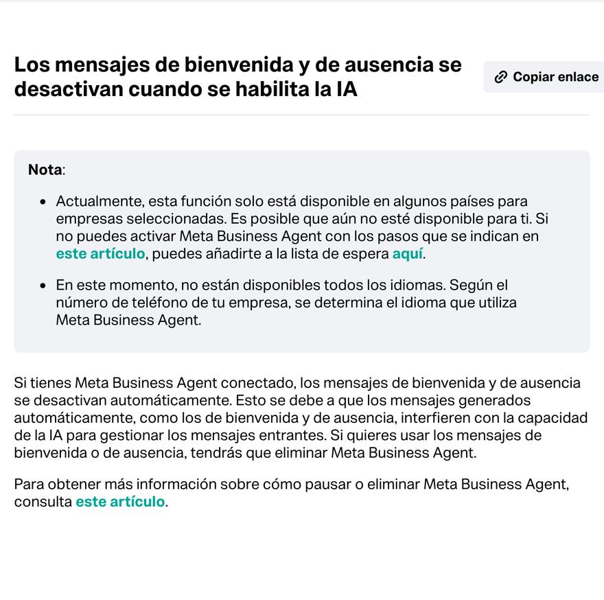 Artículo oficial: Los mensajes de bienvenida y de ausencia se desactivan cuando se habilita la IA