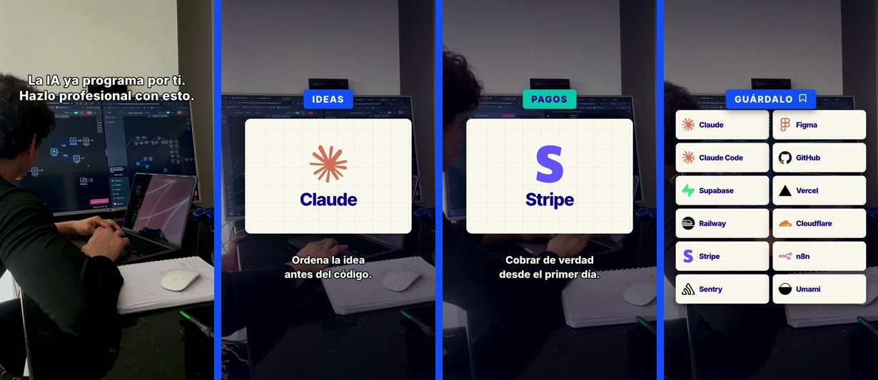 Cuatro cuadros del reel: el gancho sobre el timelapse, la tarjeta de Claude, la de Stripe y la cortina final con las doce marcas
