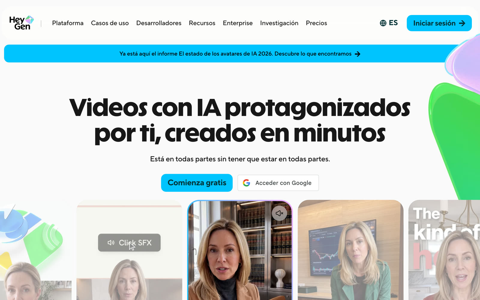Página de inicio de HeyGen en español: «Videos con IA protagonizados por ti, creados en minutos»