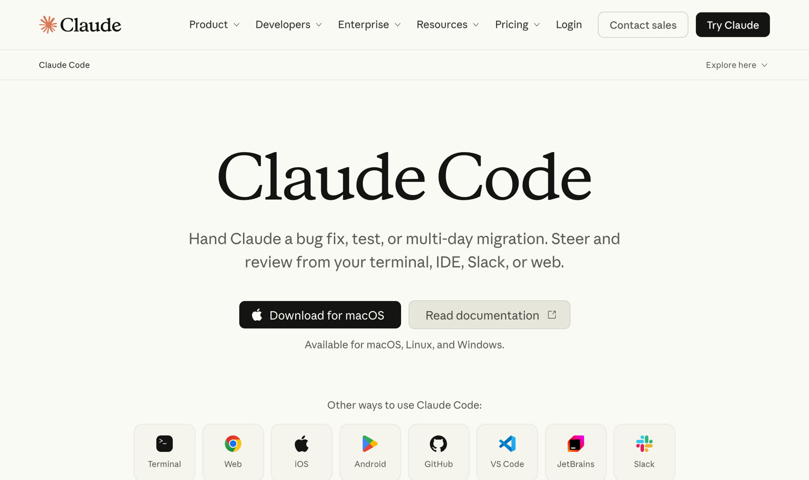 Página de Claude Code: disponible en terminal, web, iOS, Android, GitHub, VS Code, JetBrains y Slack