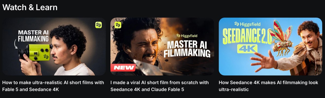 Sección Watch & Learn con tres videos cuyos títulos mencionan Seedance 4K y Claude Fable 5
