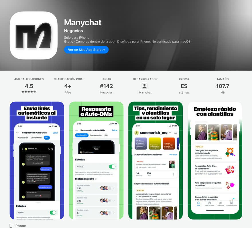 Ficha oficial de Manychat en el App Store en español: gratis, 4.5 estrellas, con pantallas del producto mostrando respuesta a Auto-DMs y plantillas