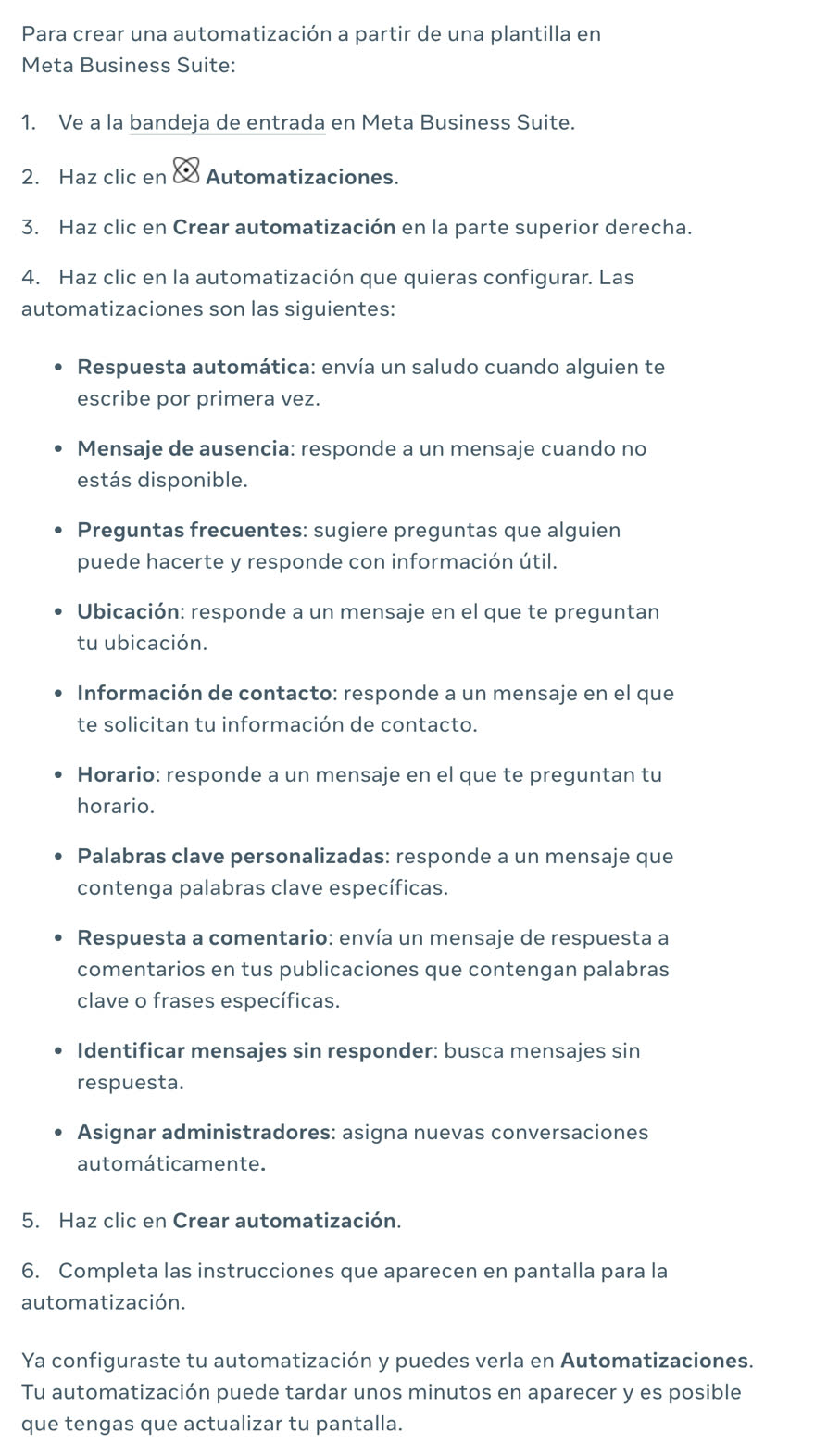 Pasos oficiales del Servicio de ayuda de Meta para crear una automatización a partir de una plantilla en Meta Business Suite, con la lista de plantillas disponibles