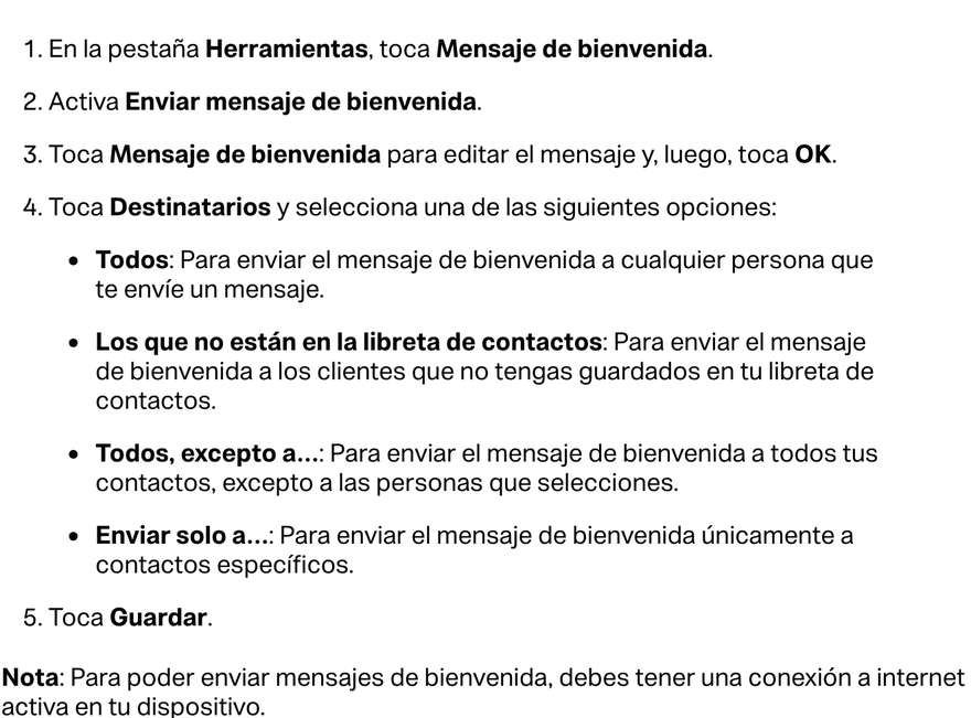 Pasos oficiales del Centro de ayuda de WhatsApp para configurar un mensaje de bienvenida