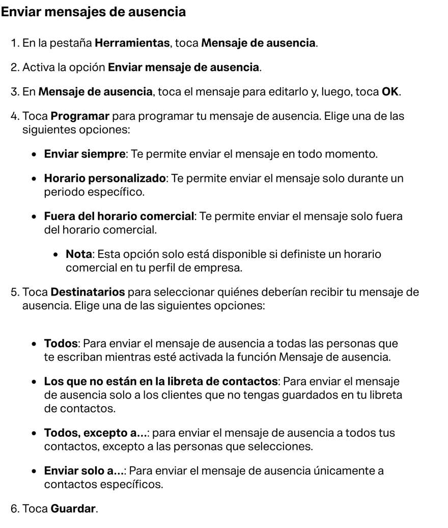 Pasos oficiales del Centro de ayuda de WhatsApp para configurar mensajes de ausencia, incluyendo programación y destinatarios