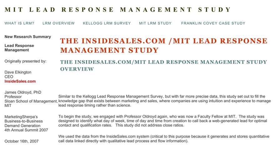 Cabecera del PDF original del Lead Response Management Study, con James Oldroyd, PhD, Professor, Sloan School of Management, MIT