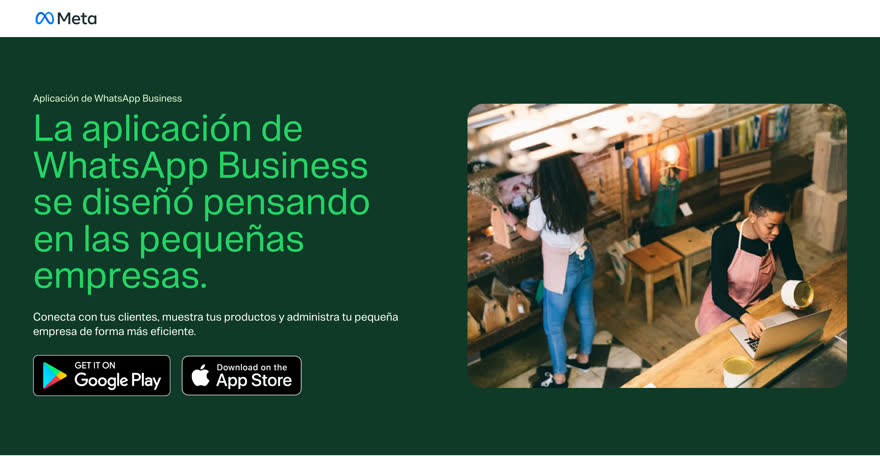 Página oficial de la aplicación de WhatsApp Business: diseñada pensando en las pequeñas empresas, con botones de Google Play y App Store