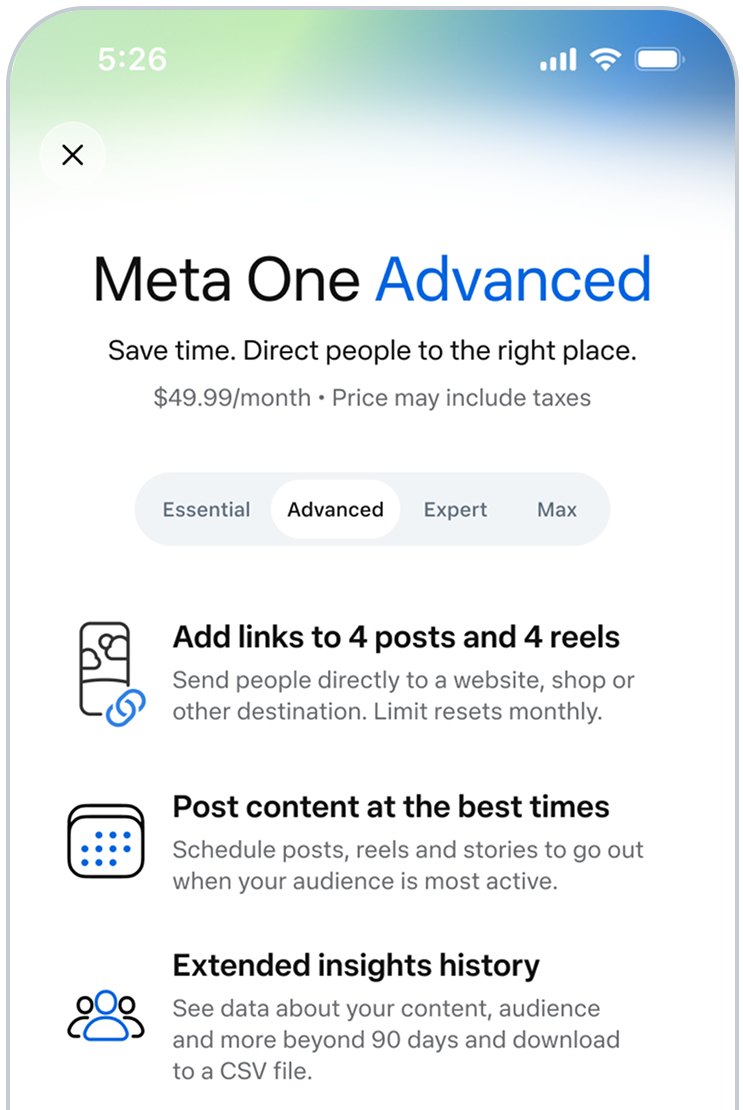 Pantalla oficial de suscripción de Meta One Advanced: 49.99 dólares al mes, el precio puede incluir impuestos; links en 4 posts y 4 reels